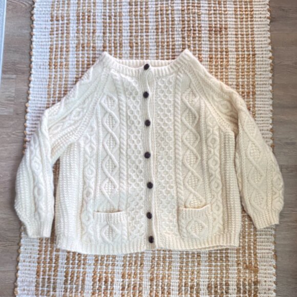 Vintage Irish Wool Fisherman Cardigan Cream Cable Knit Sweater - Picture 9 of 15